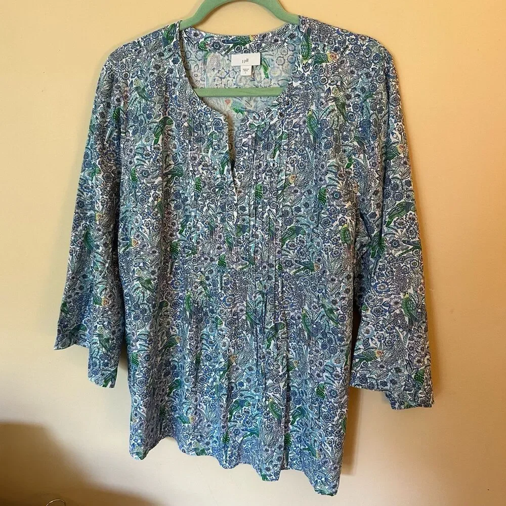 J. Jill Blue Tropical Birds & Botanical Print Woven Linen Blend Top Size Large